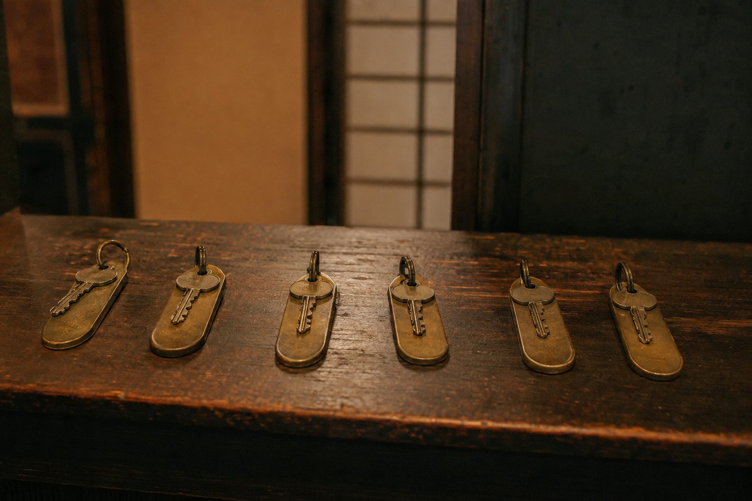 旅館の帳場に並ぶ真鍮のルームキー