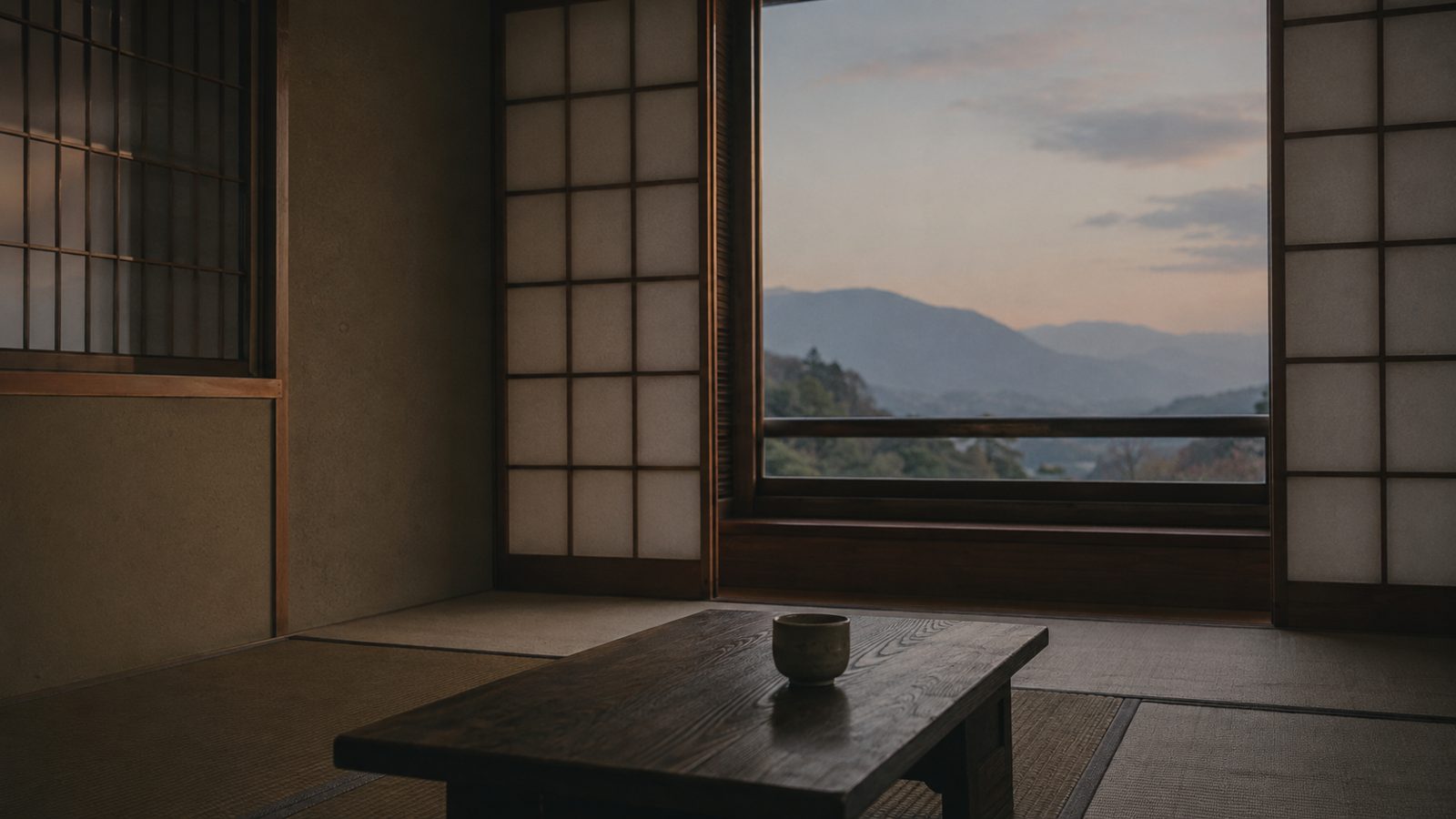 夕暮れの山並みを望む旅館の和室の窓辺